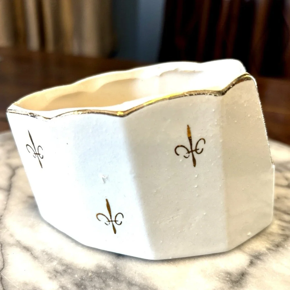 VTG 1950s 50s Ceramic White Gold Fleur de‎ Lis Lys Flatware Caddy Spoon Rest